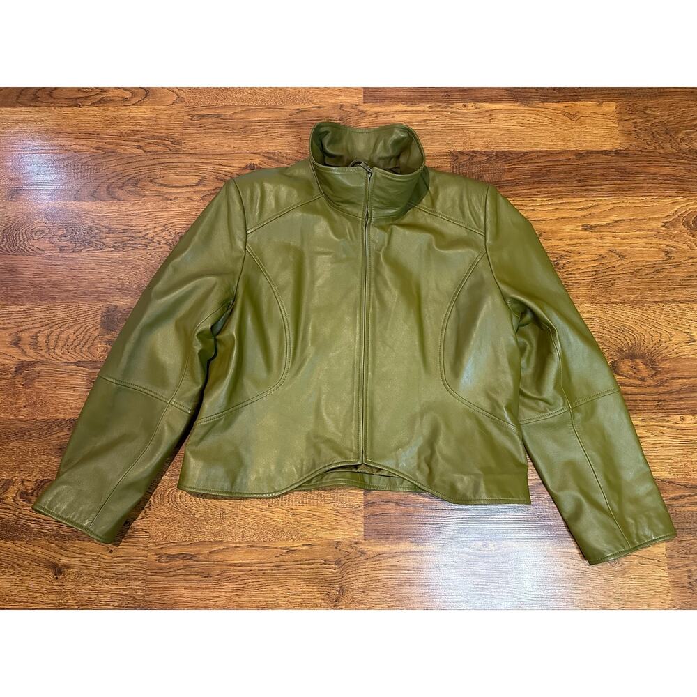 Terry Lewis Classic Luxuries Cropped Leather Jacket Women's Large Olive Retro